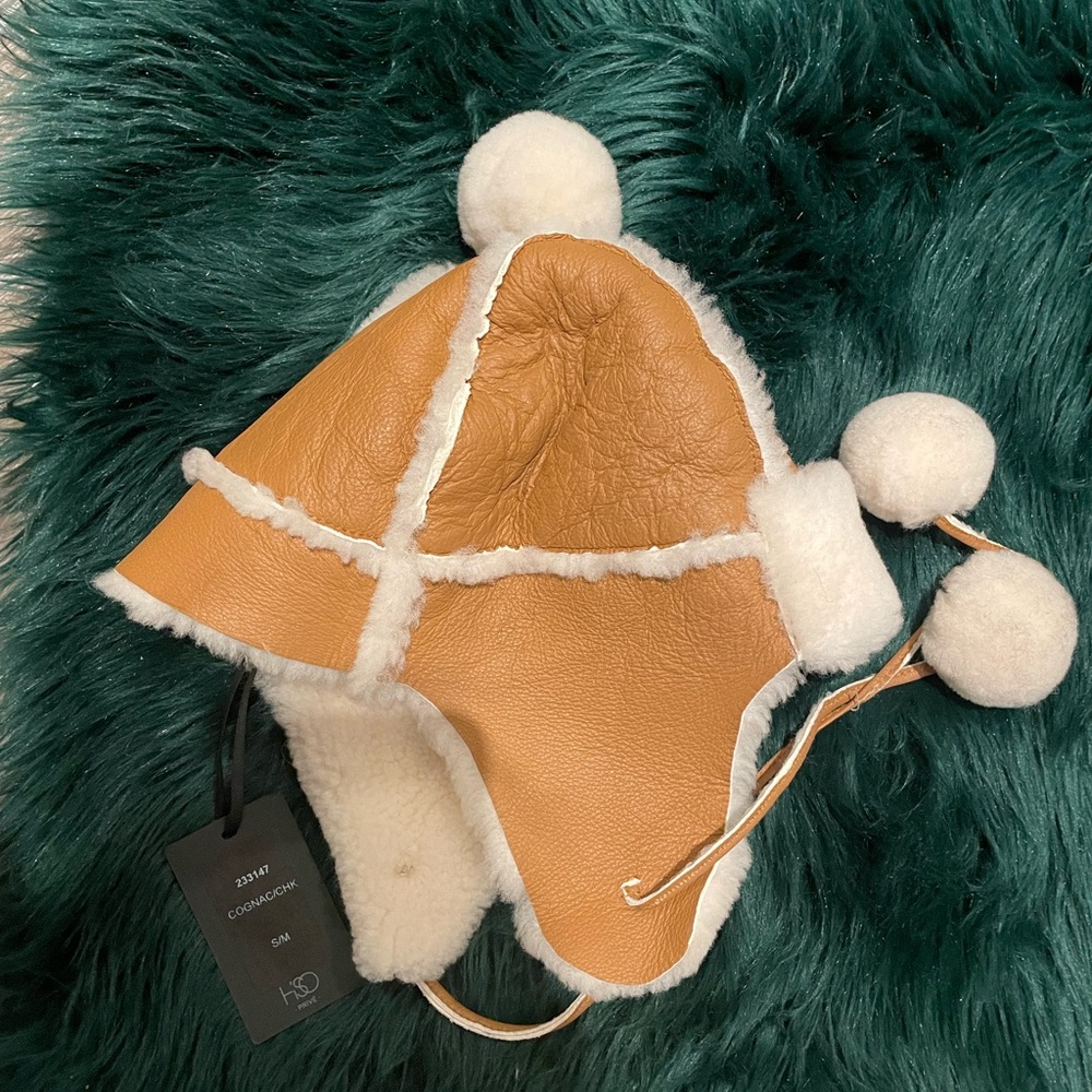 Kids Tan and White Shearling Hat